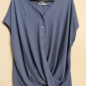 Lush Draped Twist Front Blouse Blue Short Sleeve Career Top Size L